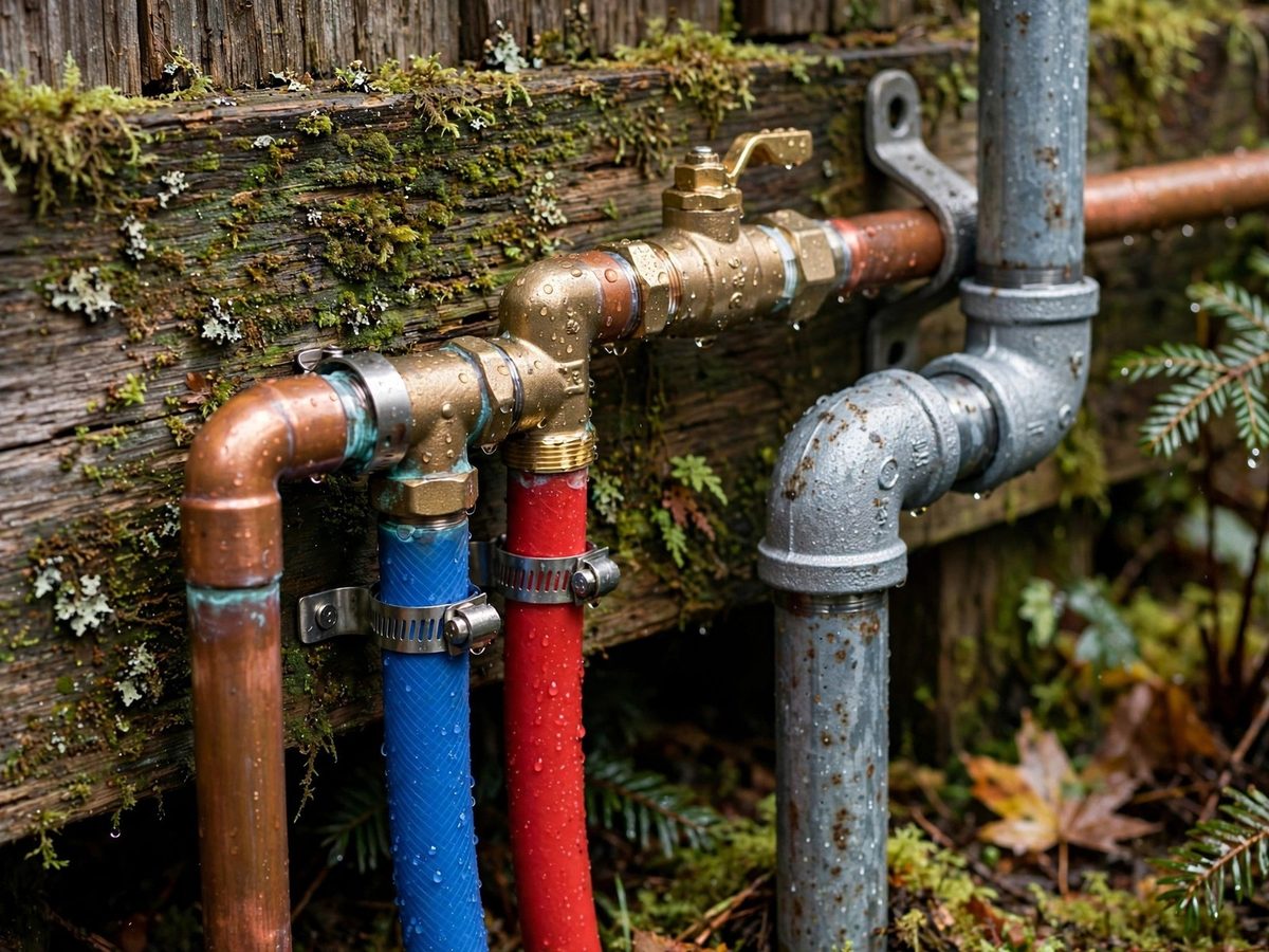 Close-up of copper, galvanized, and PEX supply pipes