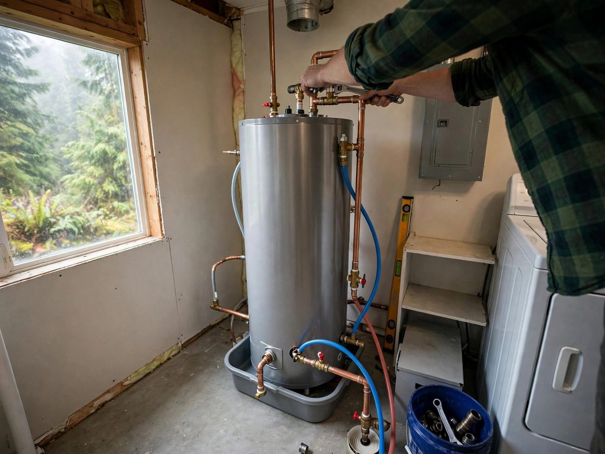 Kent Apex Plumbing technician installing a water heater in Kent, WA